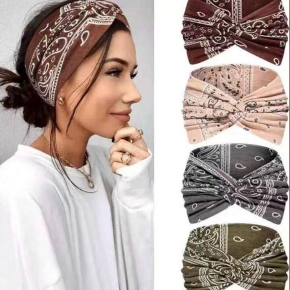 Paisley Print Headband Set - Brown, Pink, Gray, Green